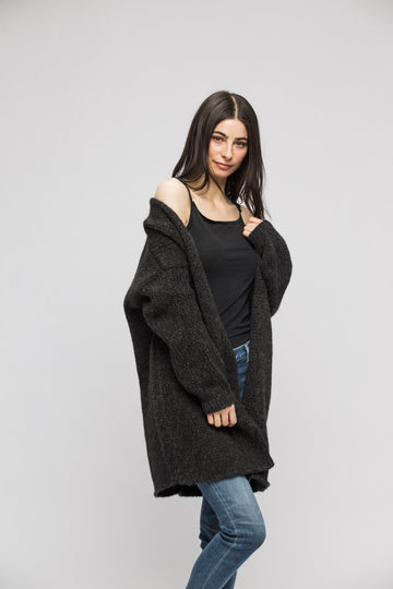 Open image in slideshow, Alpaca Blend Charcoal Grey Cardigan