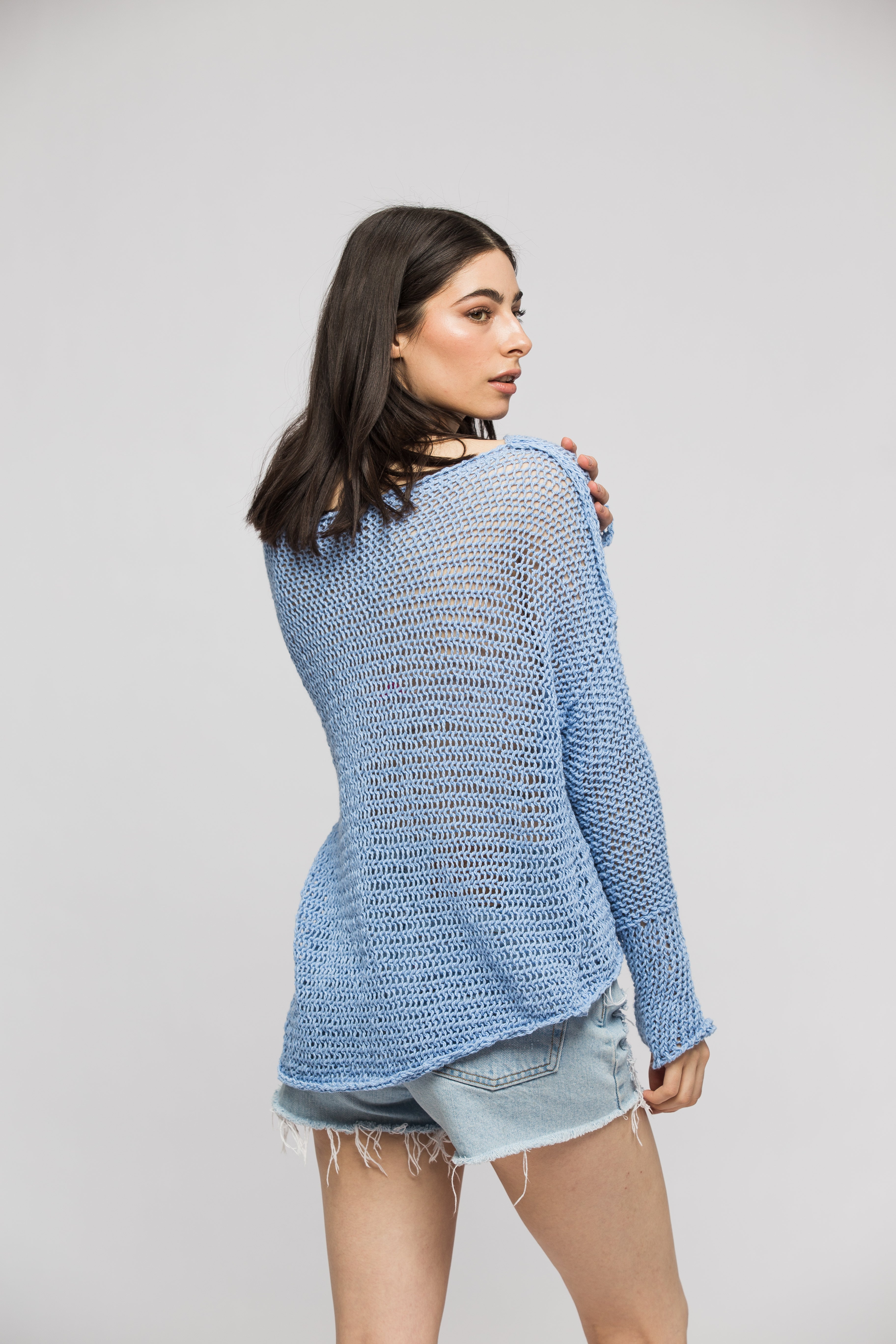 Cotton Linen Blend Blue Sweater - also in Cream / Beige / Black / Grey and Yellow