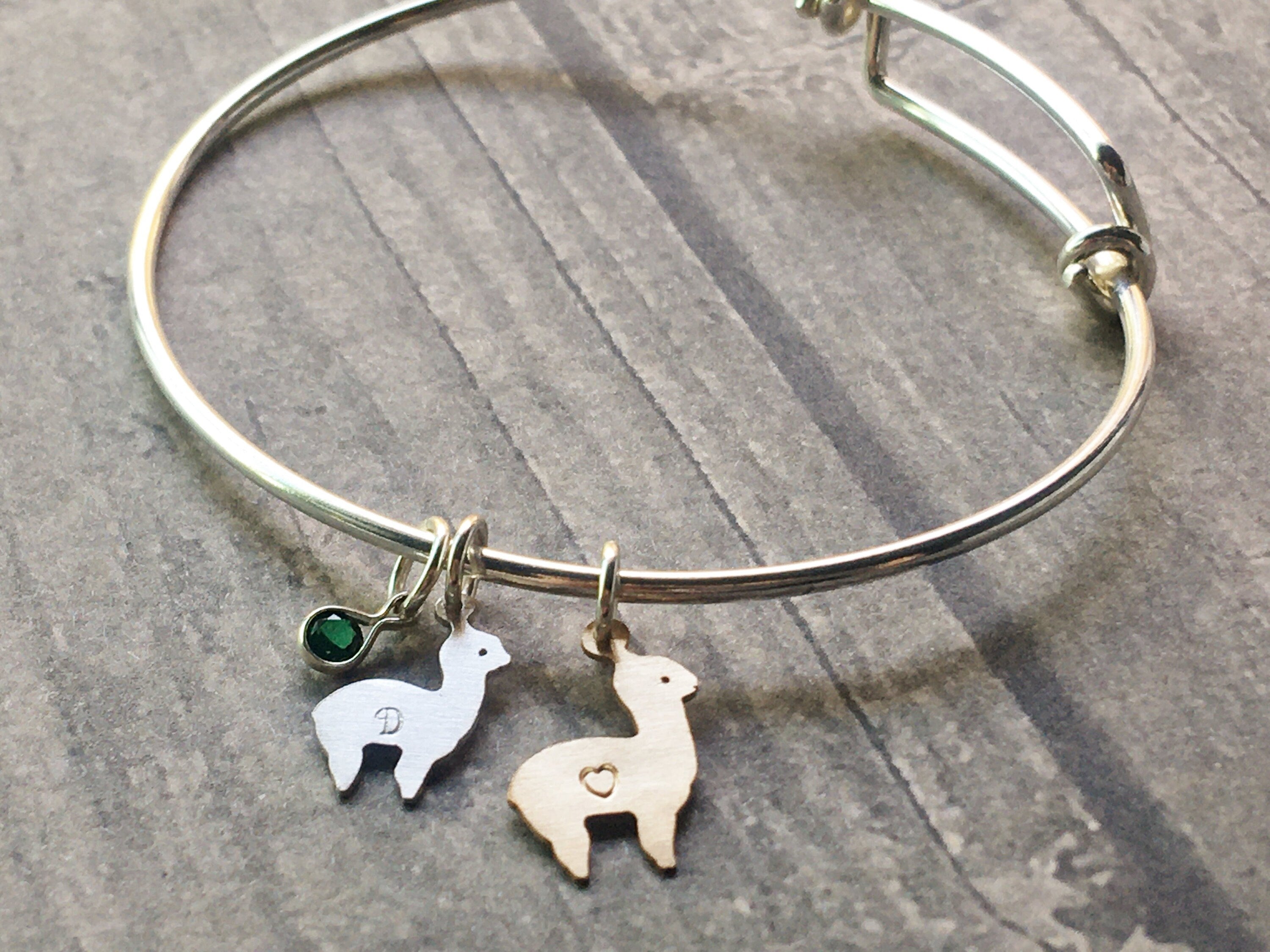 Mama Alpaca Bangle Bracelet with More Options, Child Birthstone Charm Included, Sterling Silver or Gold Filled, Personalized